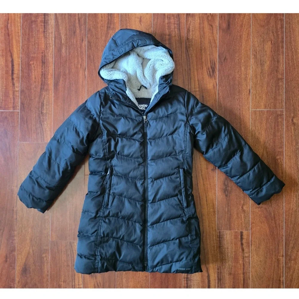 Lands End Girls Black Puffer Parka Sherpa Lined Hood Winter Coat Size M 8